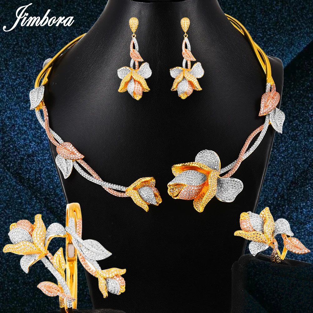 

Jimbora Romantic Full Flowers Noble Necklace Earring Bracelet Ring Jewelry Sets Cubic Zirconia Bridal Women Wedding Jewelry Sets