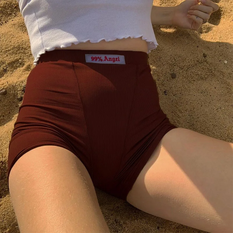 

Summer White Letter Embroidery Biker Shorts Women Ribber Knit Black High Waist Casual Streetwear Shorts