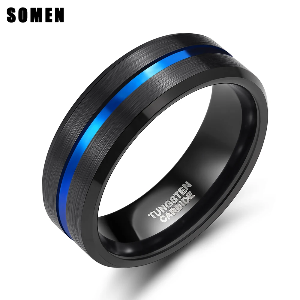 

8mm Blue Line Inlay Mens Black Tungsten Carbide Ring For Engagement Wedding Rings Fashion Jewelry Masonic Ring Bague Homme