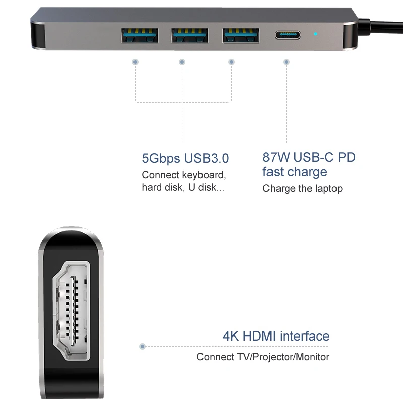 

Type-C To 4K HD HDMI 87W PD Fast Charge USB3.1 5-in-1 Notebook Docking Station Tablet Chargers Computer Cables Connectors