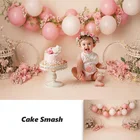 Фон для студийной фотосъемки новорожденных детей с изображением торта весенних розовых воздушных шаров птичьей клетки