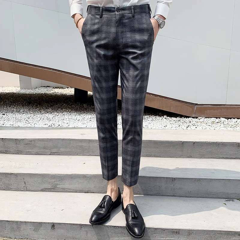 Брюки для костюма летние мужские тонкие клетчатые брюки модные Стрейчевые