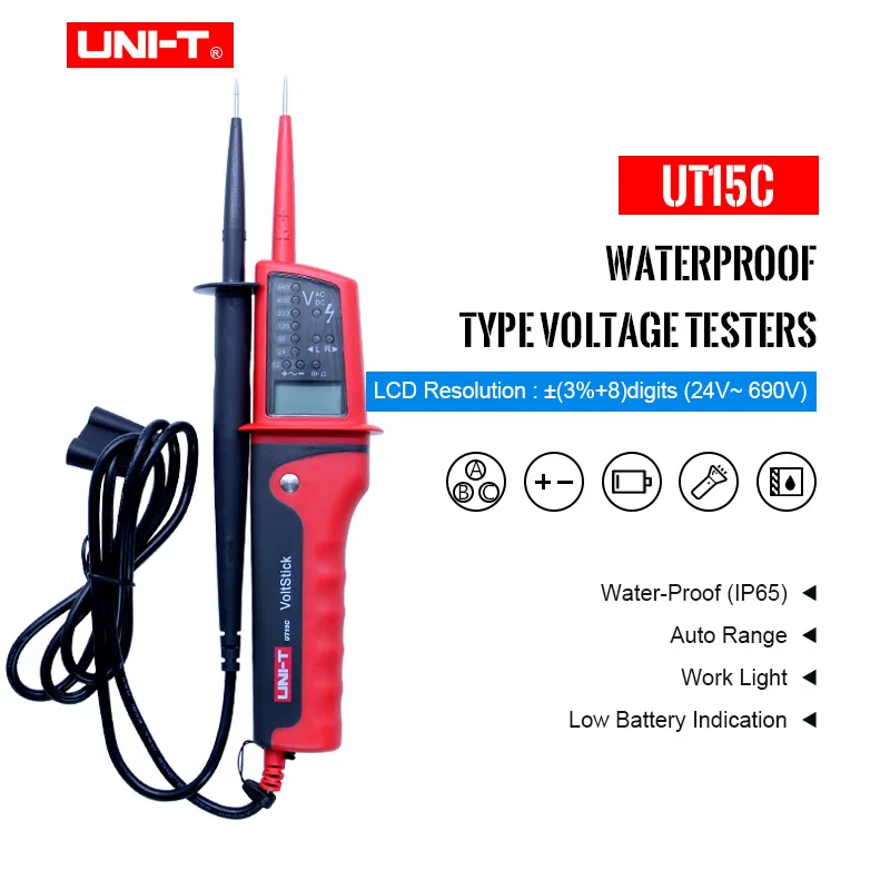 

UNI-T UT15C водонепроницаемый цифровой измеритель напряжения 24 В ~ 690 В тестер напряжения переменного/постоянного тока с ЖК-дисплеем Автоматичес...
