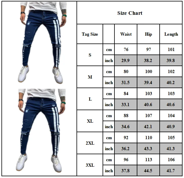 

New Hip Hop Men Zipper Blue Jeans Slim Fit Pants Side Stripe Pocket Jeans Men Ripped Pencil Pant Casual Trousers