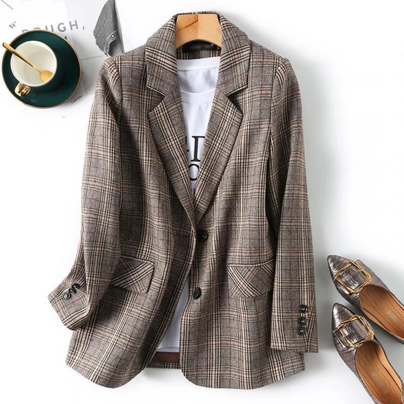 

Plaid Blazer Women Office Work Clothes Large Plus Size Glen Plaid Prints Suit Jacket Female Spring Autumn Fashion Vintage Coat