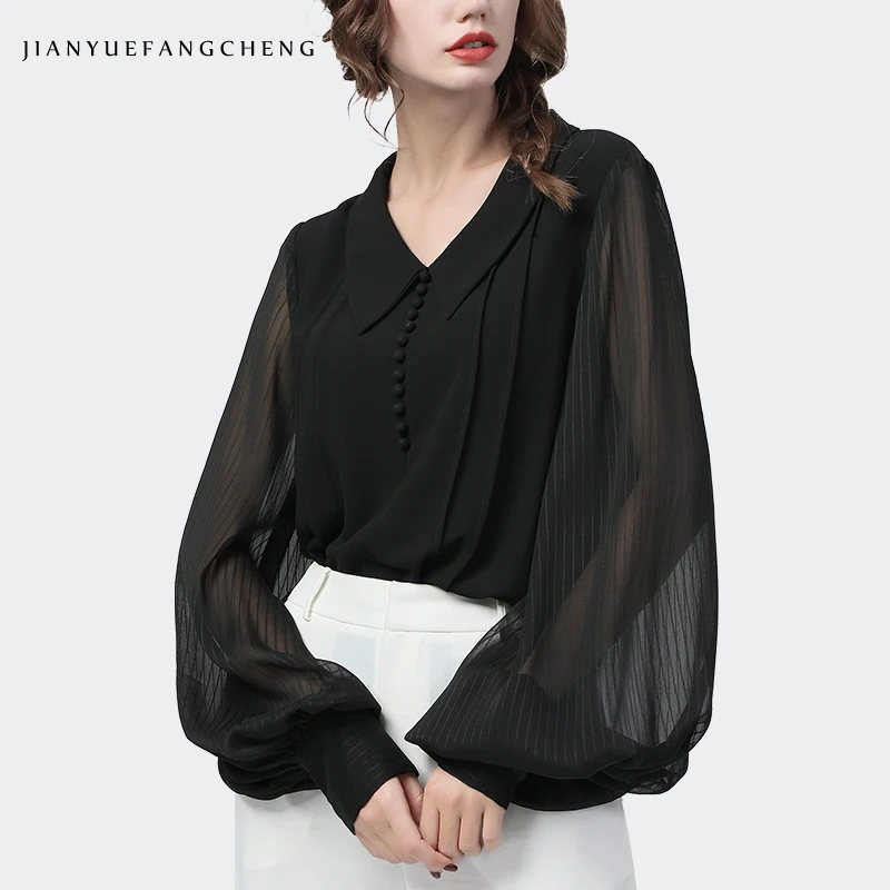 

Newest 2020 Autumn Black Chiffon Tops Women Big Lantern Sleeve Bottoming Blouse Loose Plus Size POLO Neck Female Casual Blouses