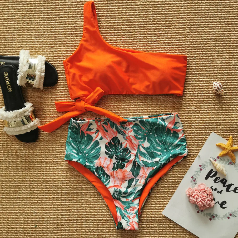 

Sexy Bikinis Women 2020 New One Shoulder Swimwear High Waist Swimsuit Bandage Bathing Suits Beach Wear Biquini Female
