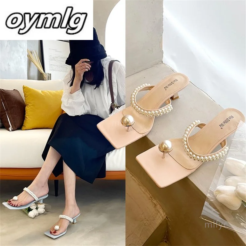

Flip high heels women 2021 summer Korean square head pearl sweet stiletto sandals women's low heel slippers shoes for women