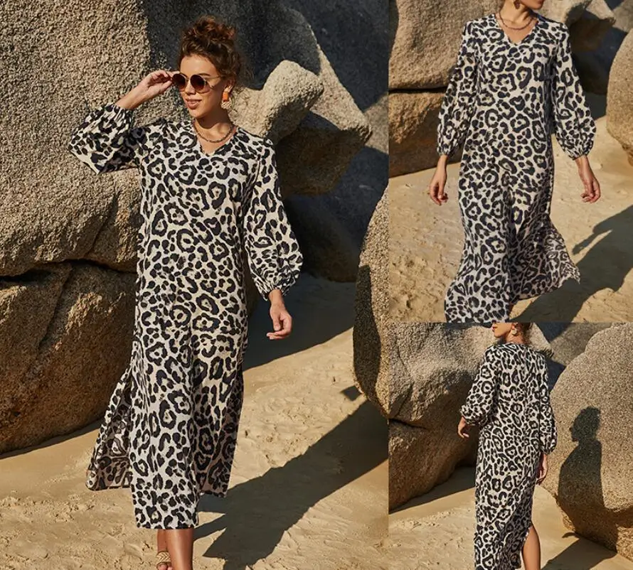 

Summer Loose Casual Fashion Retro Leopard Print Long-Sleeved Split Small V-Neck Large Swing Skirt Get 6 Pcs Nose Strip Free