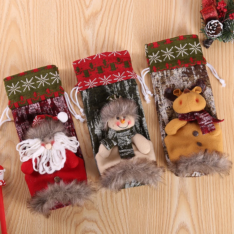 1/3/4Pcs Creative Christmas Red Wine Bottle Set Xmas Dinner Party Santa Claus Snowman Elk Cover Cloth Gift Bag | Дом и сад