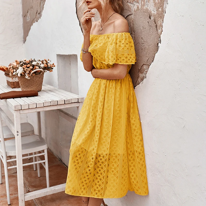 

Slash Neck Hollow Out Lace Solid Color Women Dress Temperament Elegant Banquet Long Dresses Female Evening Gowns