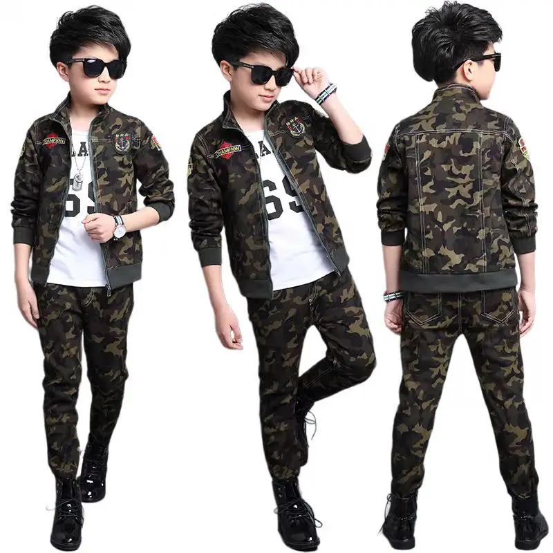 Детский спортивный костюм для мальчиков, костюм с длинным рукавом и брюками, военная униформа, детская одежда для мальчиков