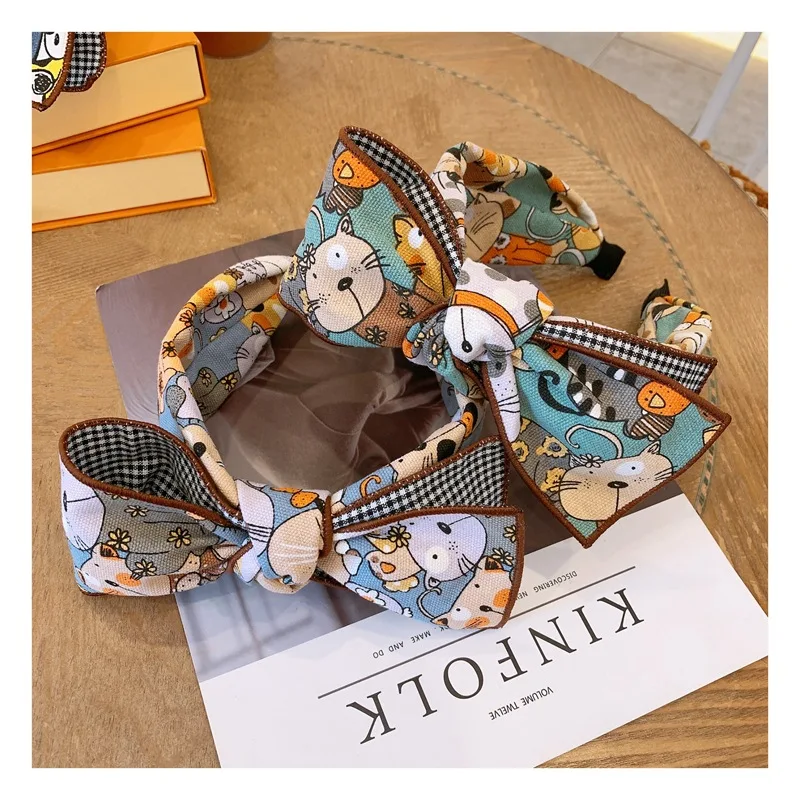 

New Spring Retro Cartoon Thick Cotton Cloth Bow Headband Women Girls Hairbands Hair Accessories