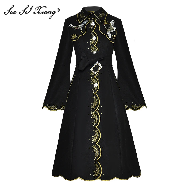 

Женское дизайнерское шерстяное пальто Seasixiang, винтажное однобортное пальто с расширяющимся книзу рукавом и вышивкой, осень