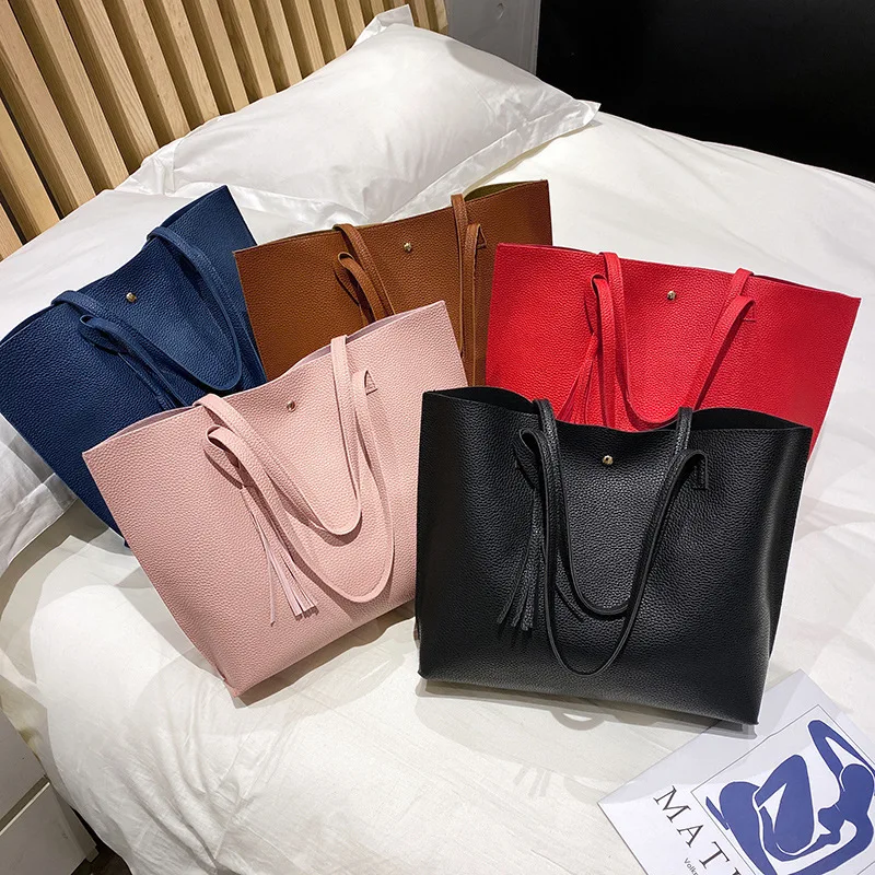 

PU Leather Casual Tote Bag Women Simple Large Capacity Bags Litchi Pattern Magnetic Buckle Tassel Fashion Shopping Shoulder Bag