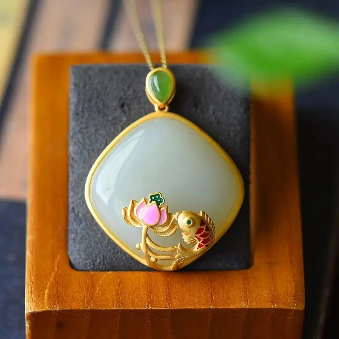 

Natural Hotian Jade Pendant Women's Small Gilding Pisces Lotus Pendant round Jade Jade Pendant S925 Sterling Silver Necklace