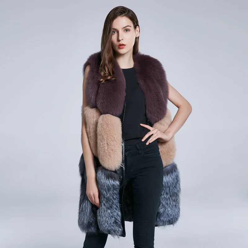 High Quality Winter Warm Thick Fox Hair Fur Coats Vest Jacket Middle Length Fashion Contrast Color Slim Overcoats for Women