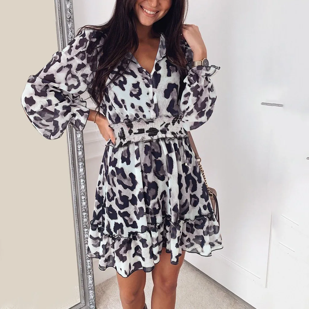 Fashion Women'S Lapel Puff Sleeve Dress Leopard Print Short Party Club Sports Casual Loose Comfort Z1125 | Женская одежда