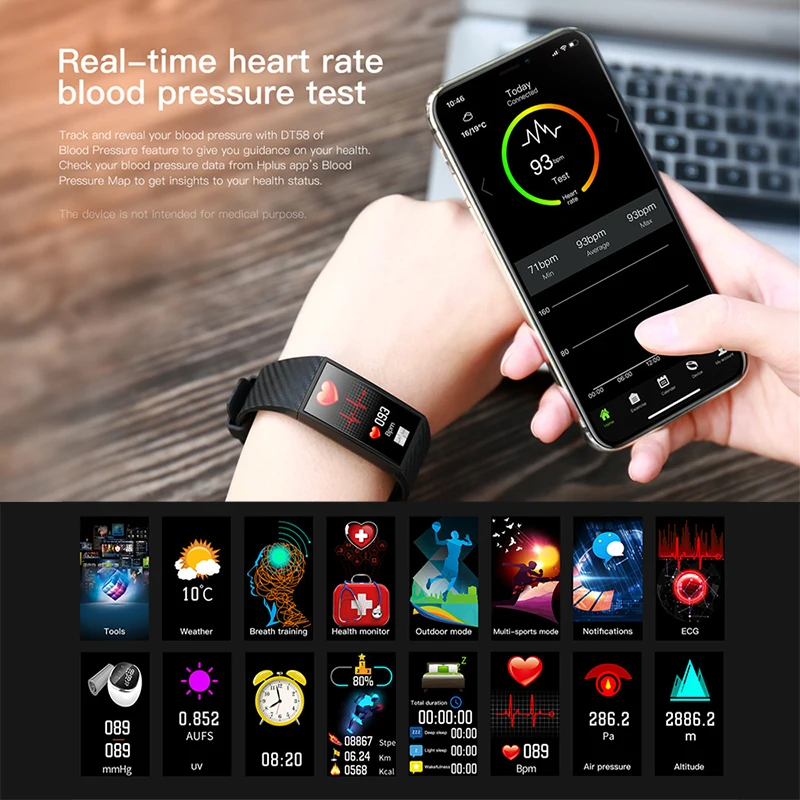 

DT58 Sport Large-screen Smart Bracelet With Heart rate Monitor ECG Blood Pressure IP68 Fitness Tracker Wrisatband Smart Watch