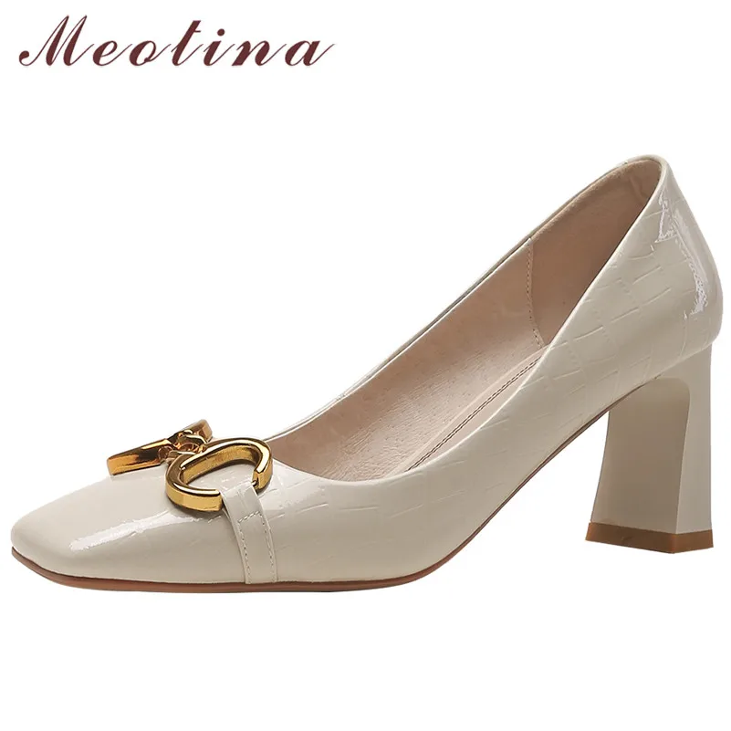 

Meotina Woman Shoes Natural Genuine Leather Pumps Square Toe High Heels Metal Decoration Thick Heel Shoes Ladies Footwear Beige