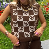 heyoungirl heart plaid print brown knitted sweater vest women casual sleeveless cute crop top jumpers preppy style knitwear 90s