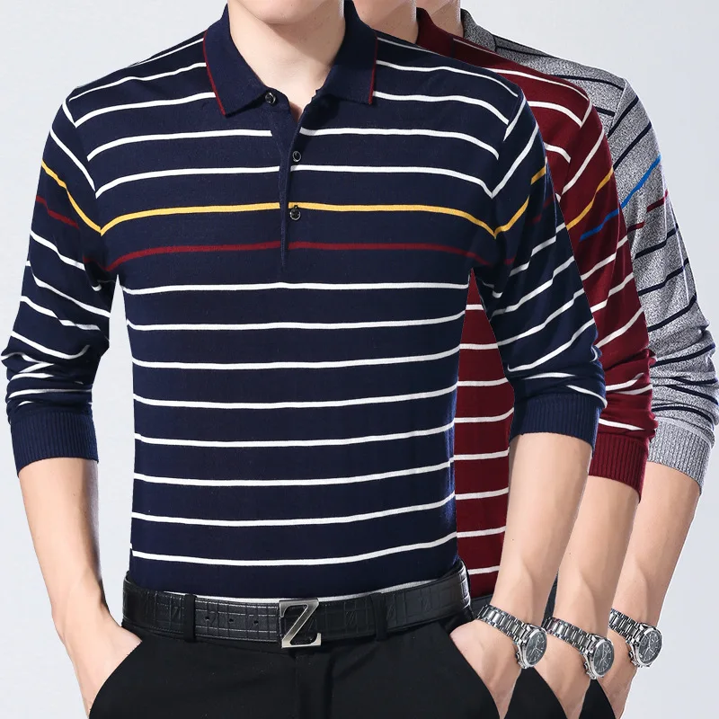

Футболка мужская Трикотажная в полоску, деловая рубашка с длинным рукавом, подарок для взрослых, на осень