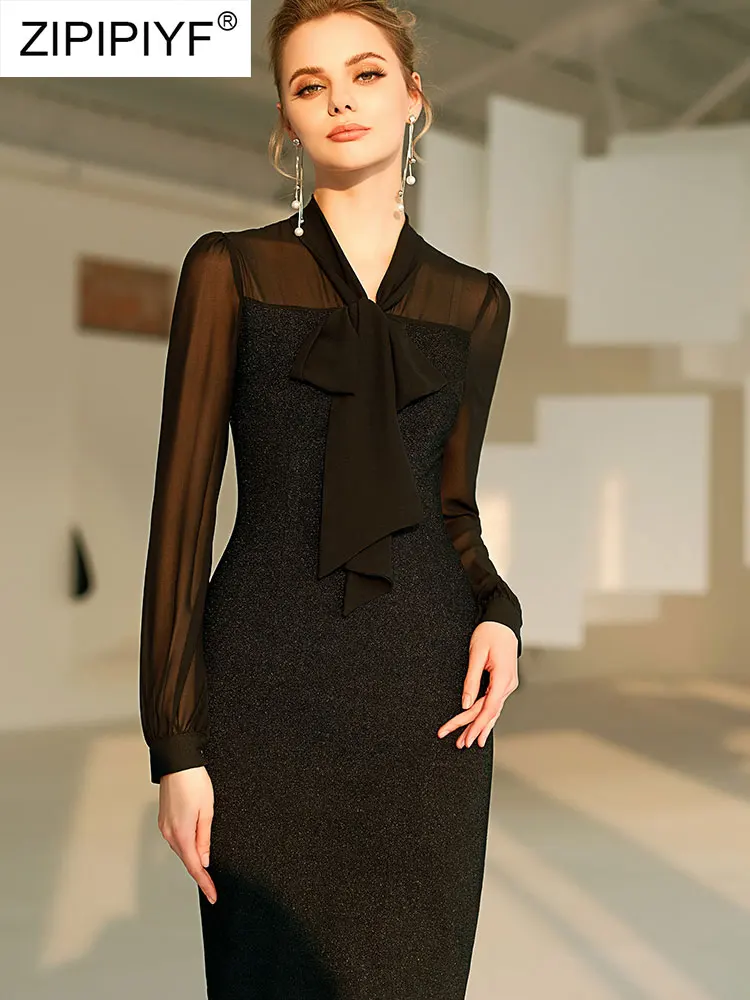 

2021 Summer Runway Fashion Bow Design V Neck Long Sleeve Mid Waist Bodycon Office Lady Women Short Little Black Dresses Z037