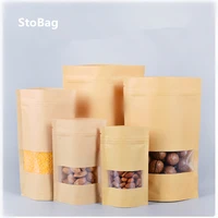 stobag 50pcs transparent window kraft paper ziplock bags food dry goods bags stand up gift dried food fruit tea packaging