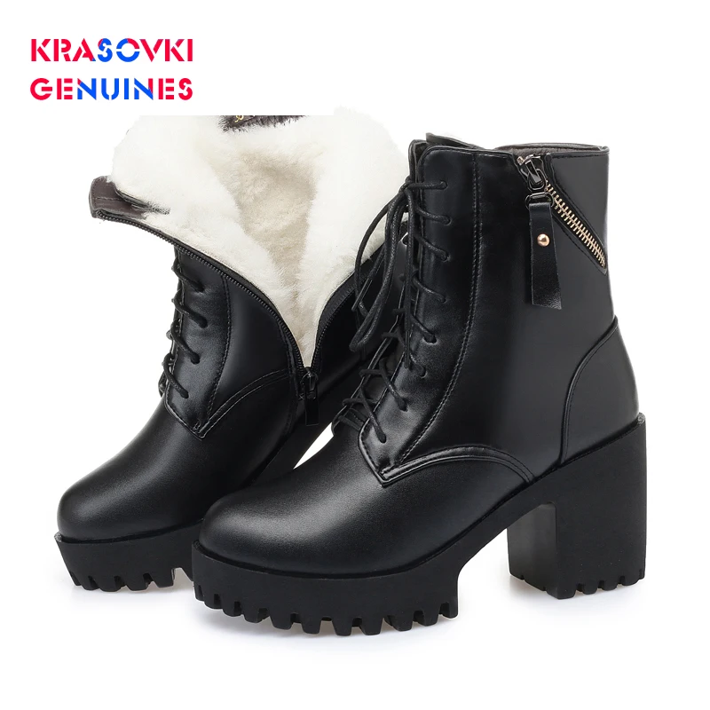 Женские ботинки из натуральной кожи Krasovki зимние шерстяные на квадратном каблуке