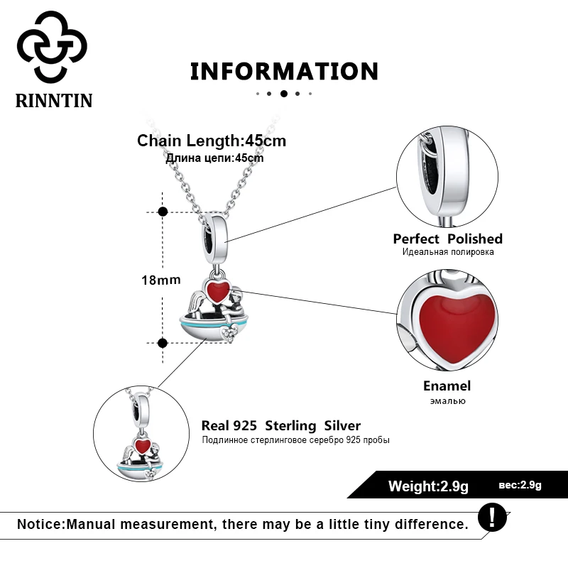 

Rinntin Genuine 925 Sterling Silver Charm Necklaces Romantic Couple Rowing Shape Red Enamel Heart Pendant For Present TCB14