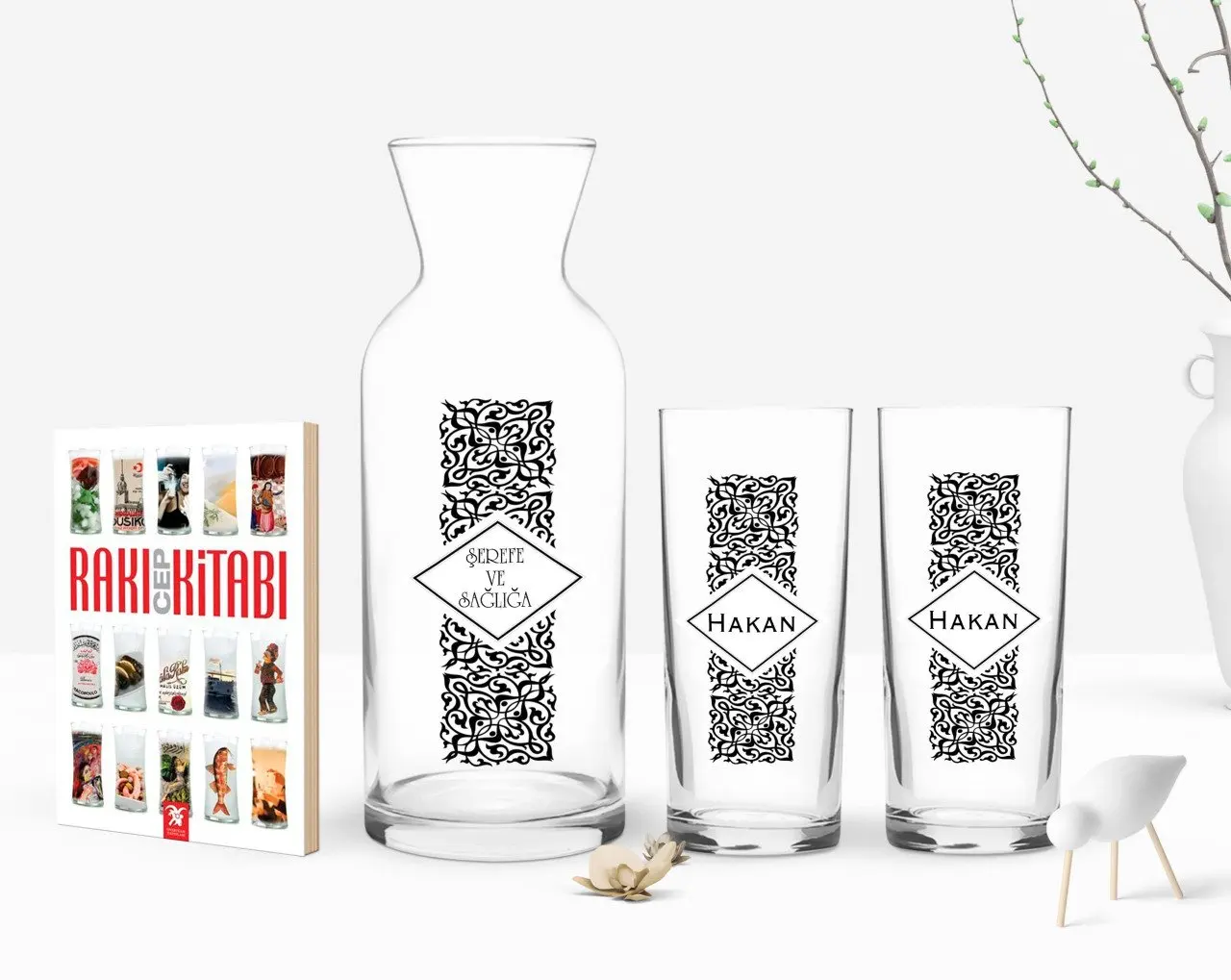 

Персонализированные Цветные принты имеет двойную Arrack чашки графин и карманная книжка подарок Seti-25