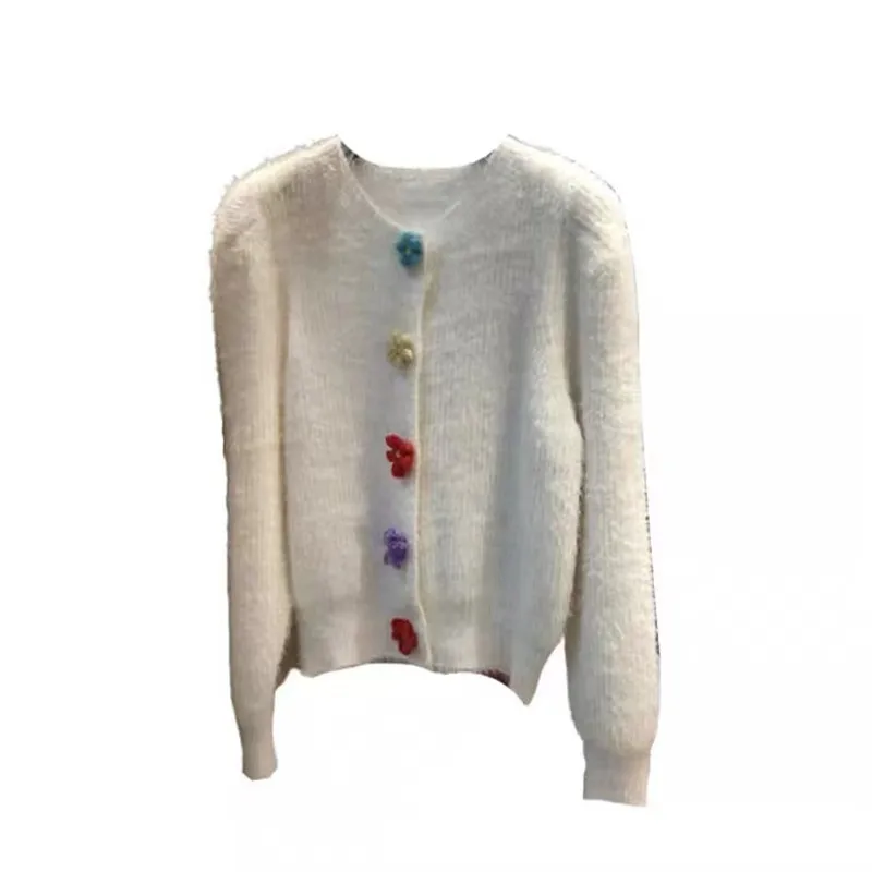 Женский кашемировый кардиган элегантный вязаный с круглым вырезом и пышными