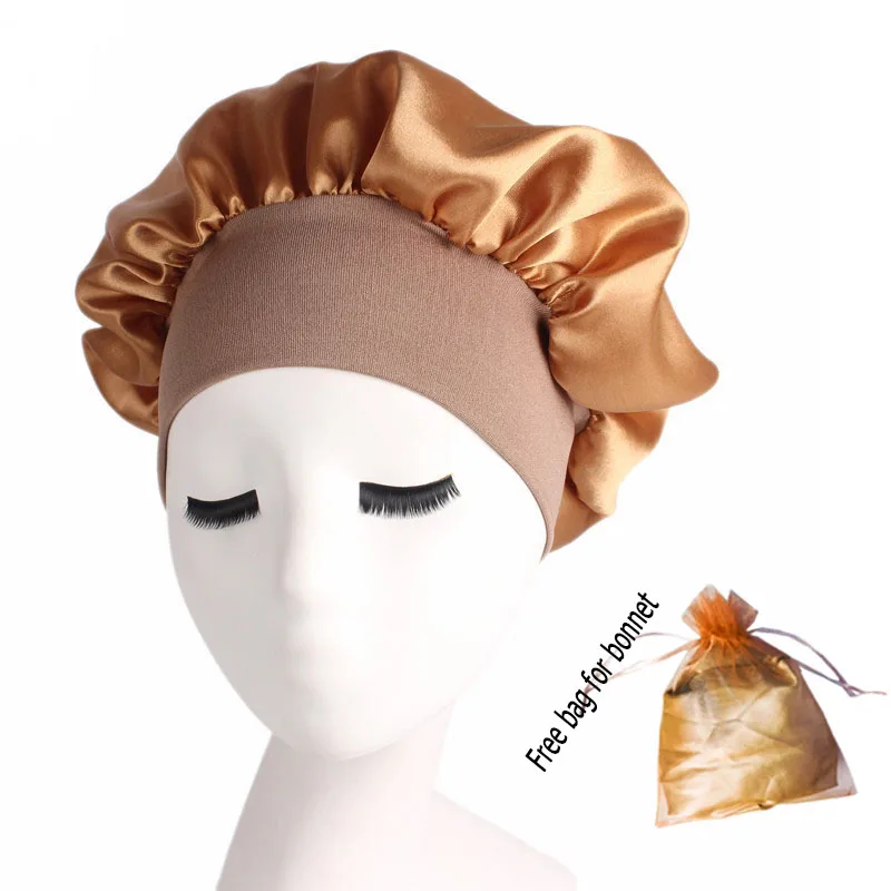 2021 fashionable wide band gold satin head night cap bonet customize logo wholesale bonnet designer durags