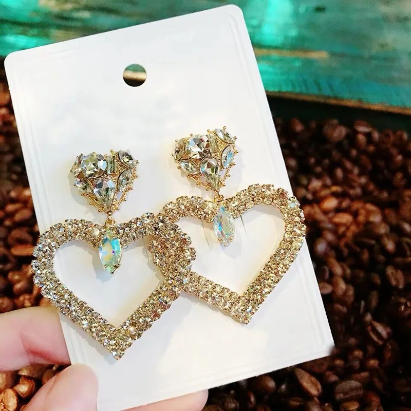 MENGJIQIAO Korean New Luxury Crystal Big Hollow Heart Long Pendientes Mujer Moda Bijoux Elegant Party Earrings Brincos Jewelry