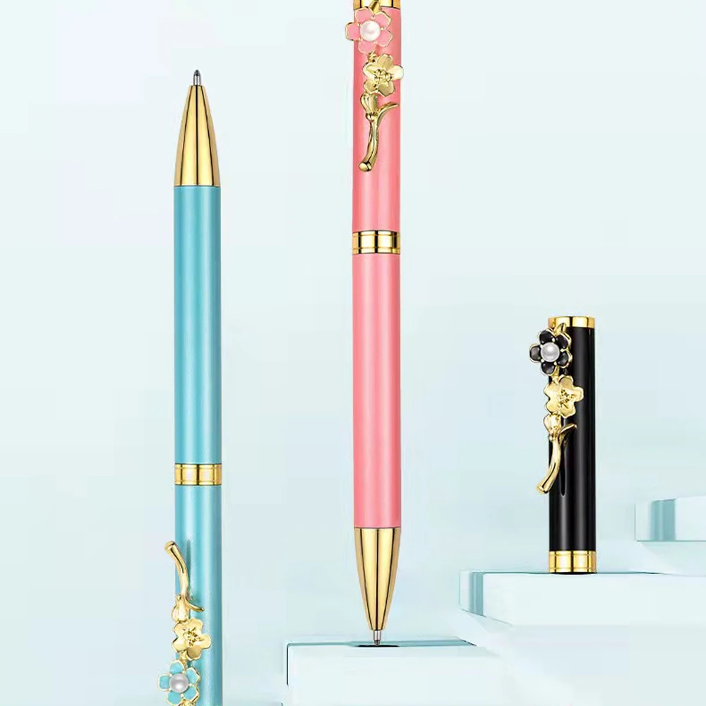 

High Quality Rose Golden Roller Ball Pen Pearl Flower Shape Classic Business Office School Supplies Writing Gel Pen