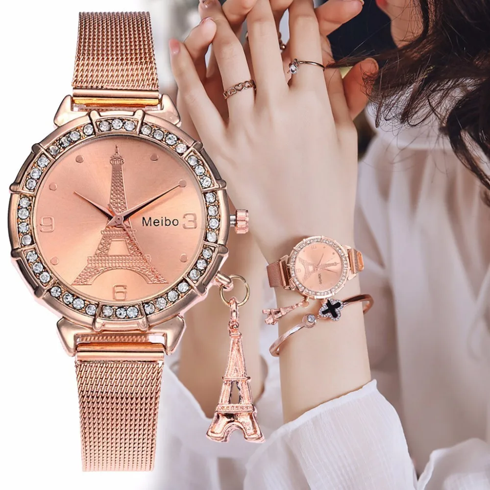 

Fashion Women Rose Gold Eiffel Tower Pattern Watch Casual Ladies Stainless Steel Tower Pendant Quartz Watch Relogio Feminino