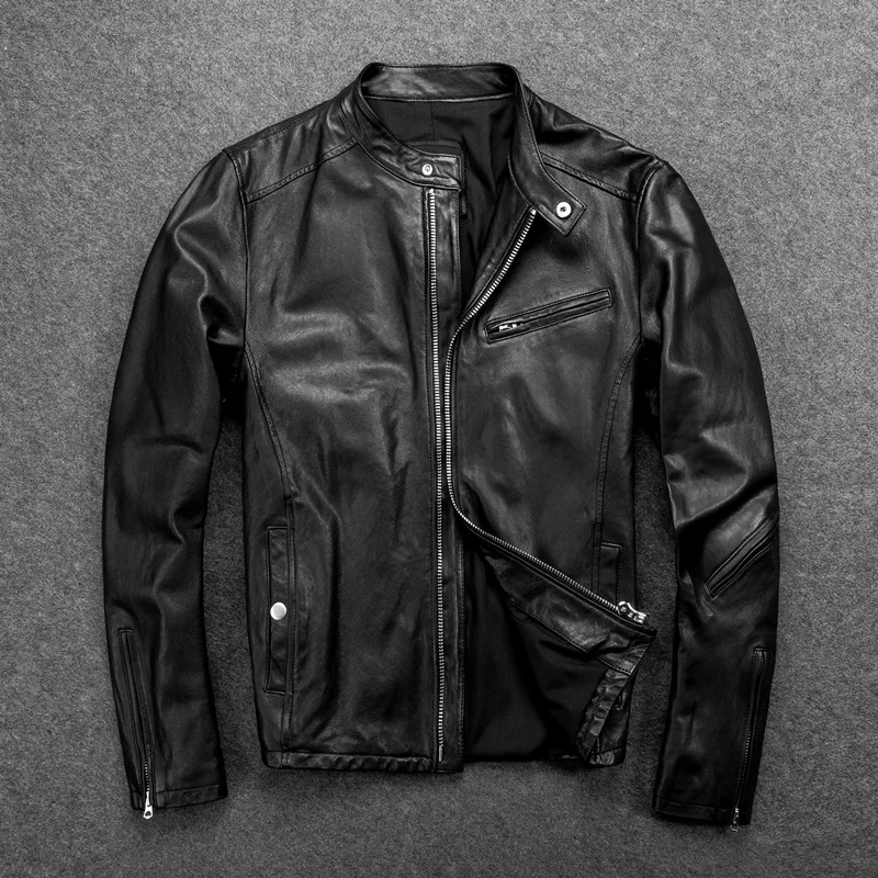 

GU.SEEMIO Factory Men's Genuine Leather Jacket 100% Sheepskin Cool Motorcycle Jacket Stand Collar Fashion Clothing For Male