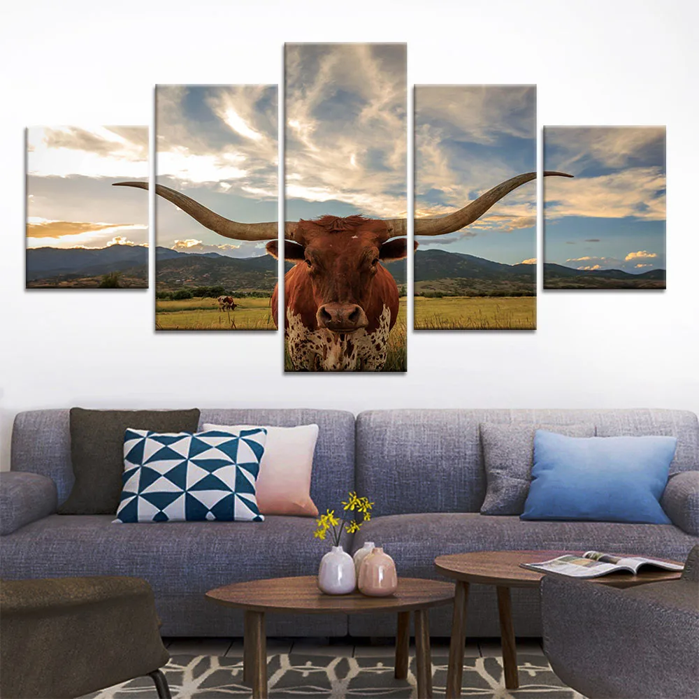 5 панель Texas Longhorn крупного рогатого скота картина украшения дома стены