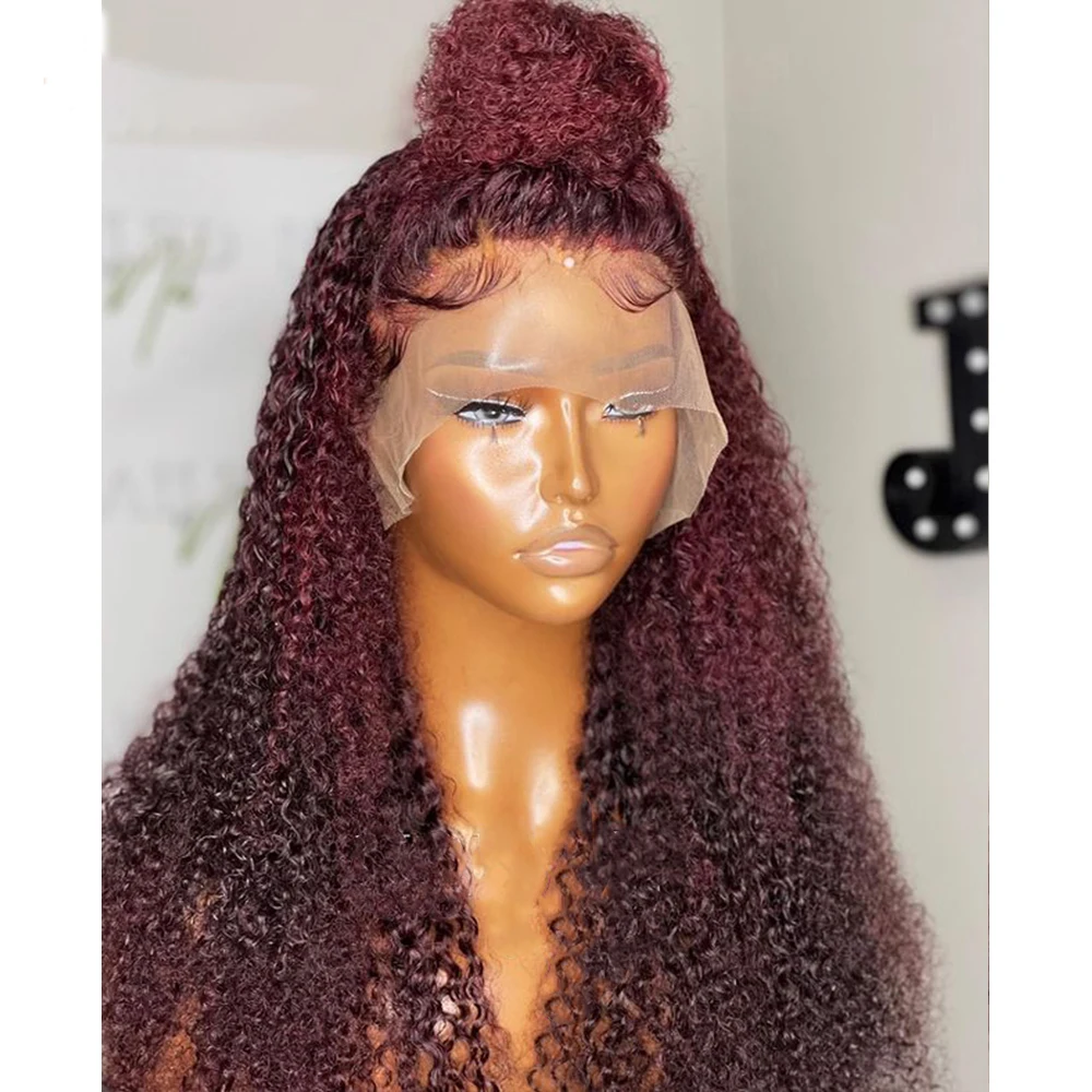

Burgundy 180% Density 26 Inch Long 99j Lace Synthetic Wig For Black Women Kinky Curly With BabyHair Natural Hairline Glueless