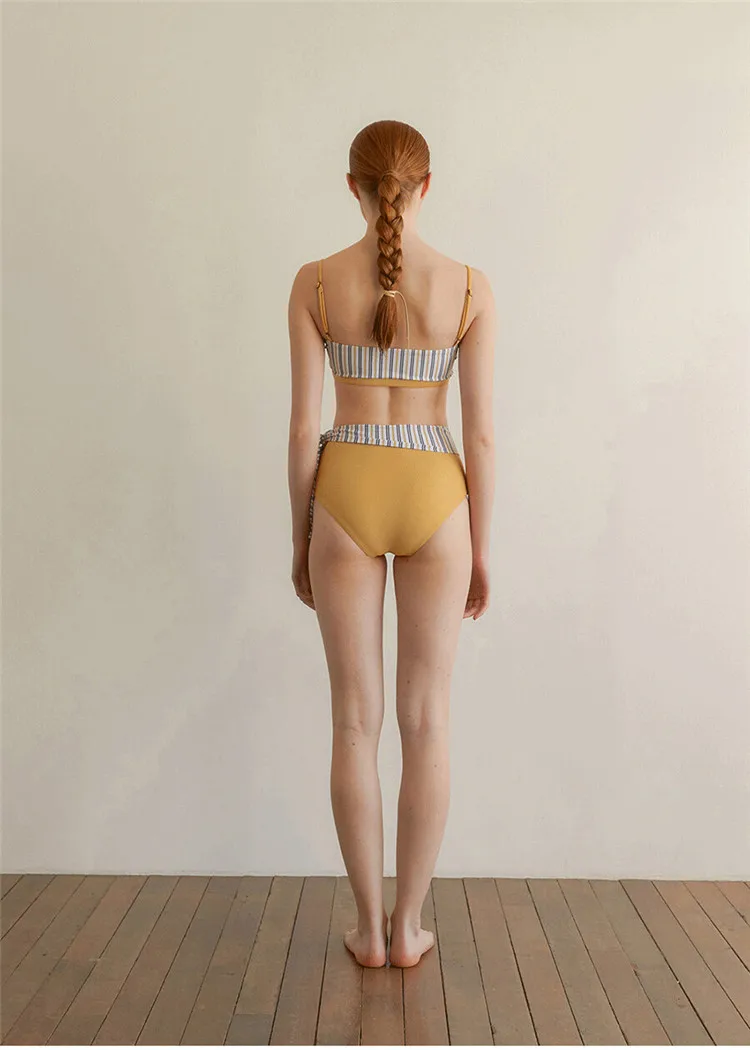 

French Style Bikini Set High-Waist Striped Patchwork Swimming Suit Split 2Pcs Bathing Suit Swimwear Swimsuit For Women Beachwear