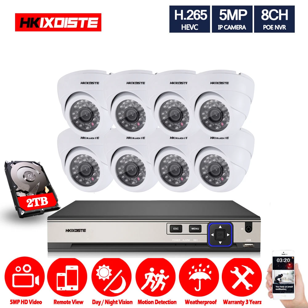Система видеонаблюдения H.265 8 каналов 5 мп 16 POE NVR ик камера комнатная/уличная IP