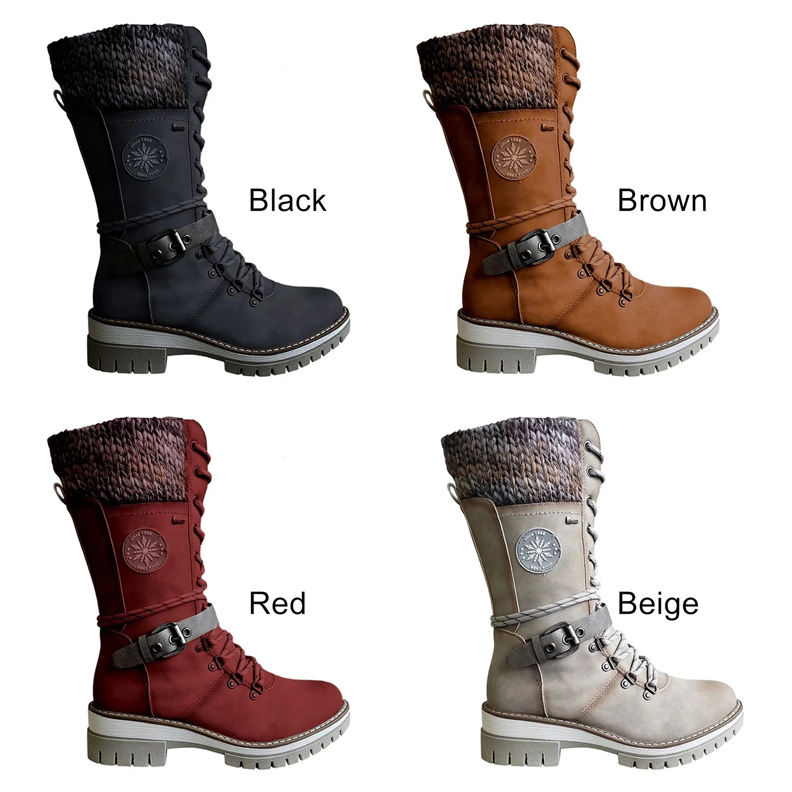 

Women Buckle Lace Knitted Mid-calf Boots Low Heel Round Toe Boots ALS88