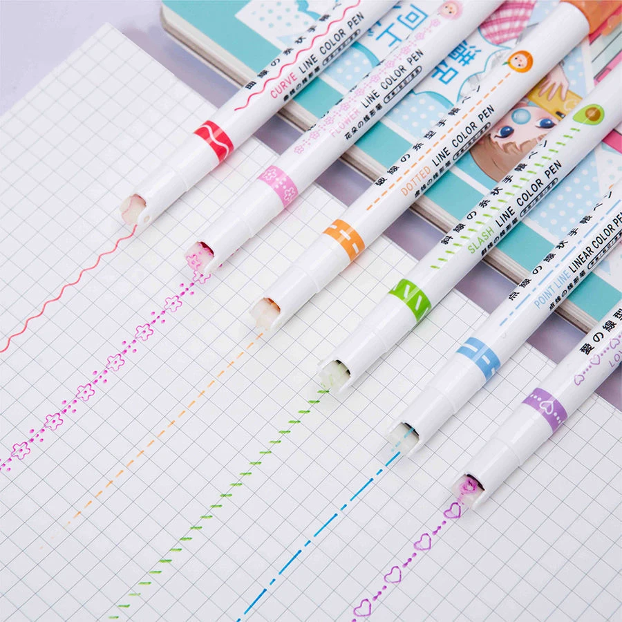 

6Pcs/Set Quick-Drying Colorful Curve Highlighters Cute Pattern Hand Account Fluorescent Pen Creative Markers Stationery