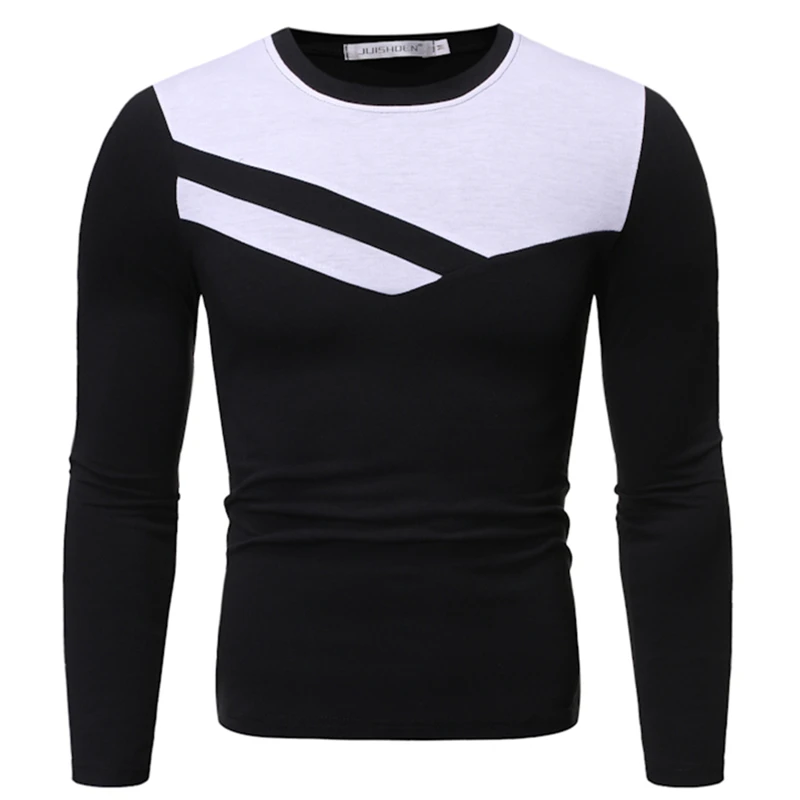 Осенняя и зимняя новая мужская футболка с круглым вырезом контрастного цвета в