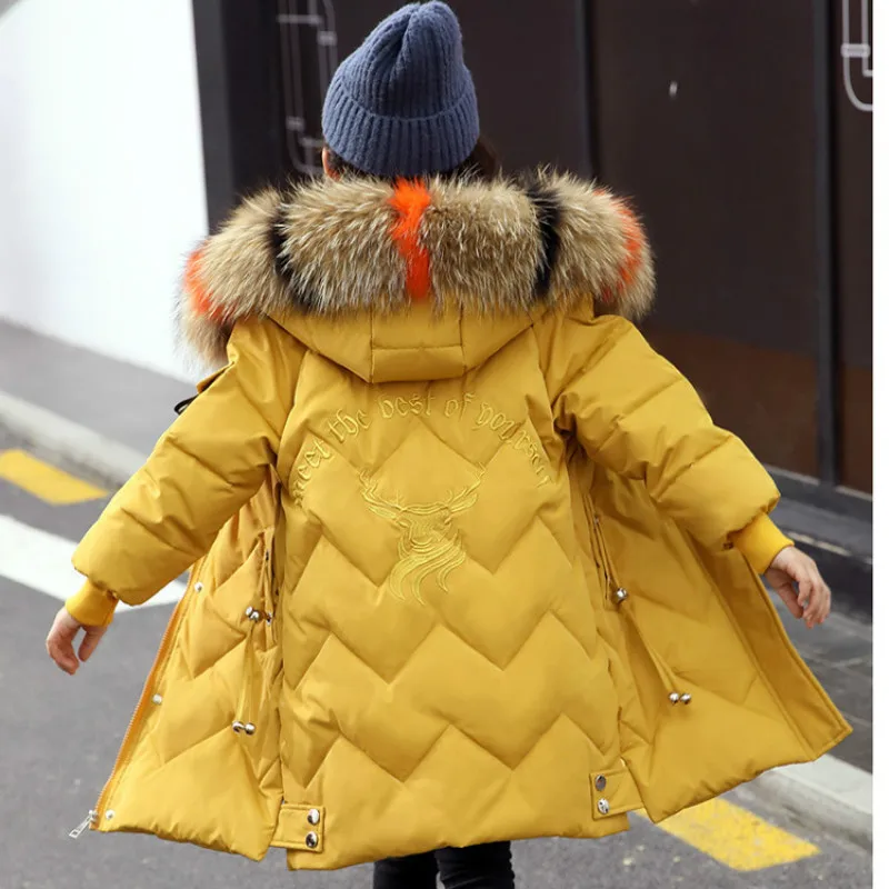 

Длинная зимняя куртка для девочек, зимнее пальто и куртки-30 градусов детская одежда для снежной погоды обувь на теплом меху с капюшоном длин...