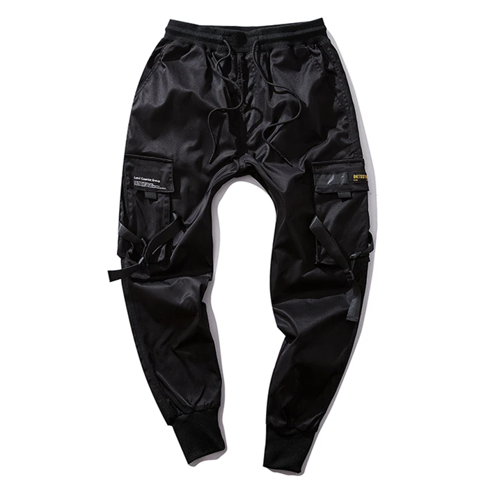 Брюки-карго в стиле Харадзюку черные шаровары с карманами и лентами спортивные