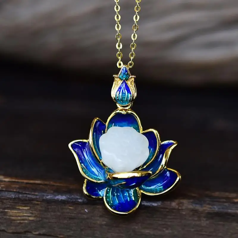 

S925 Sterling Silver Hetian Jade Lotus Seedpod Cloisonne Pendant Vintage Lotus Necklace White Jade Pendant Vintage Clavicle