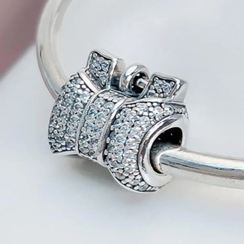 

100% 925 Sterling Silver Bead Silver Sparkle With Crystal Bow Beads Fit Pandora Women Bracelet & Necklace Diy Jewelry