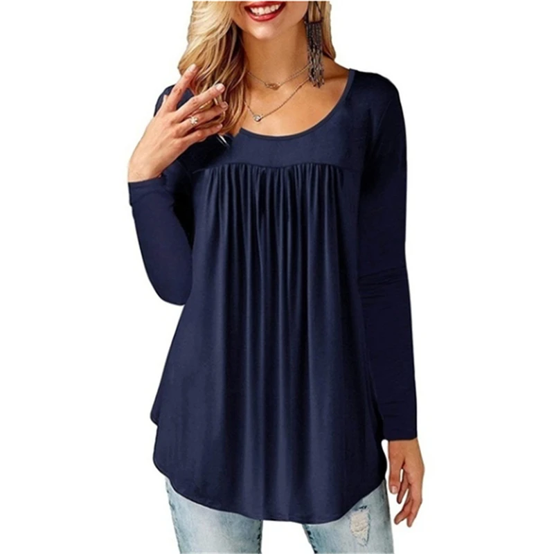 

Hirigin 2021 Women Solid Color Pleated Shirts Blouses Round Neck Long Sleeve Loose Tunics Tops Casual Clothes