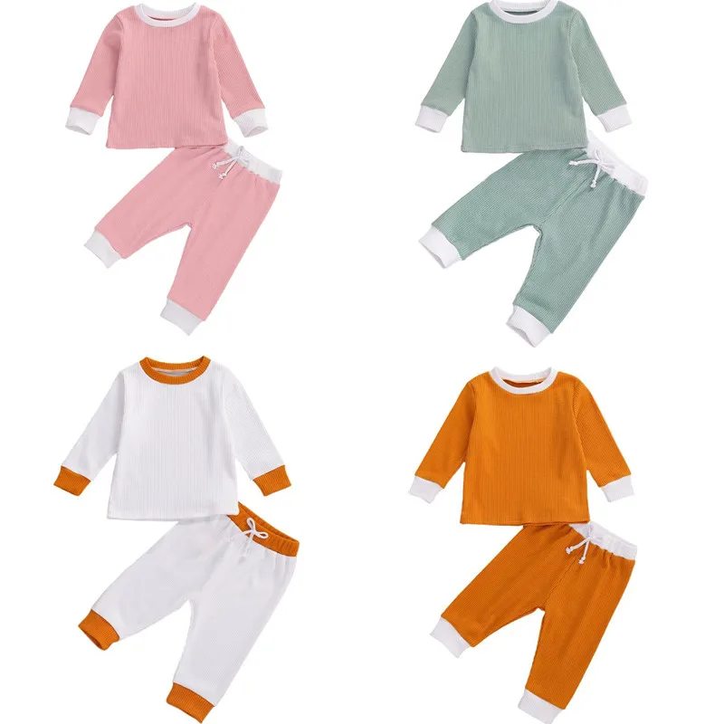 

0-24M Newborn Baby Girl Boy Ribbed Outfit Cute Infant Baby Boy Girl Long Sleeve T-shirt Top Drawstrings Pants Ribbed Clothes Set